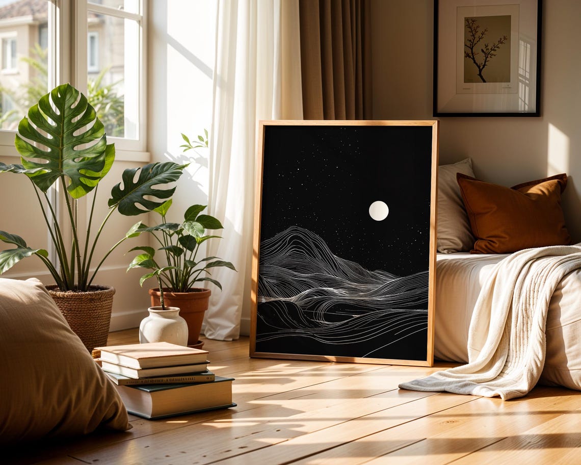 Moon Night White Line Mountains Minimalist Black Wall Poster - Image 5