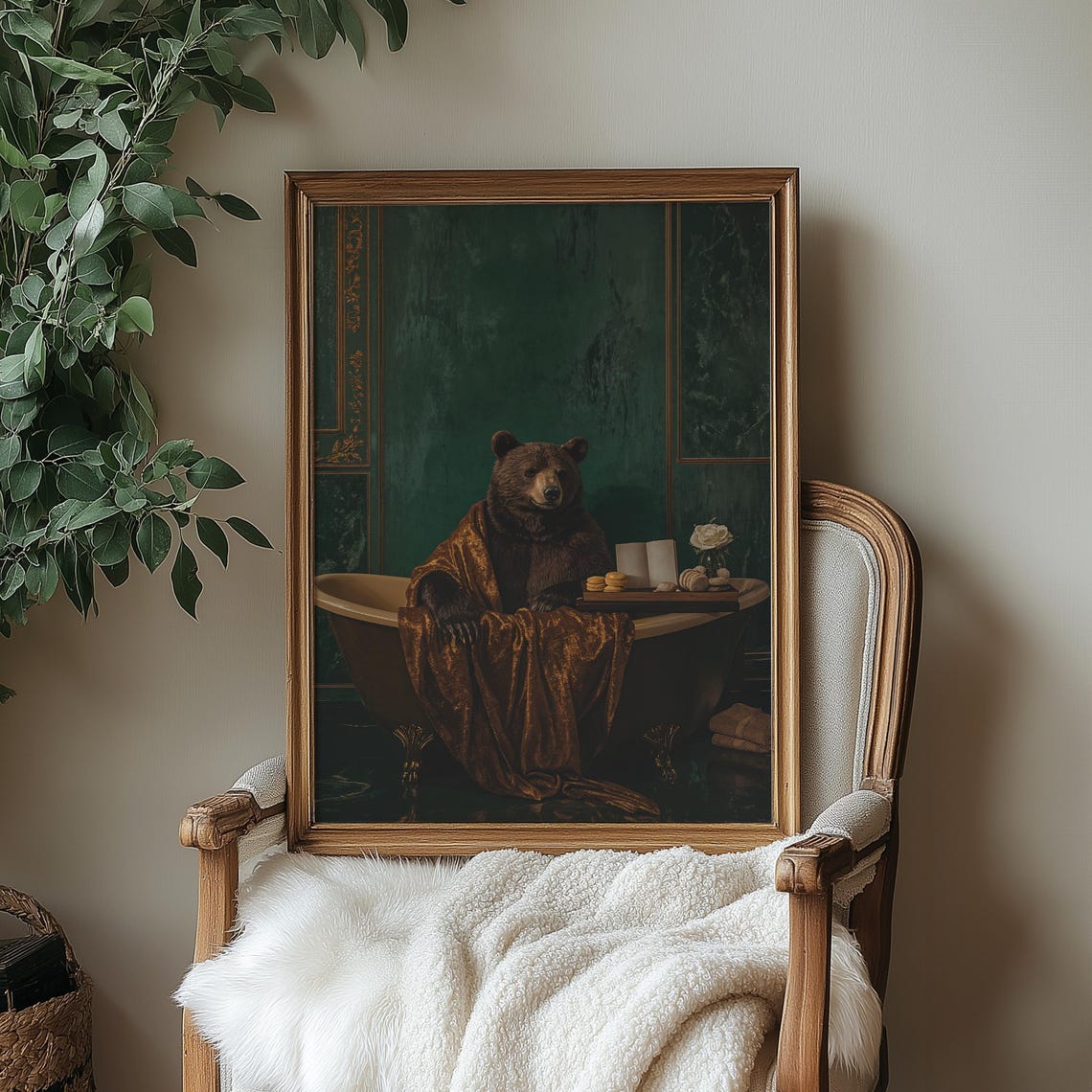 Regal Bear Bath Art Print Funny Bathroom Animal Decor Vintage Spa Humor Wall