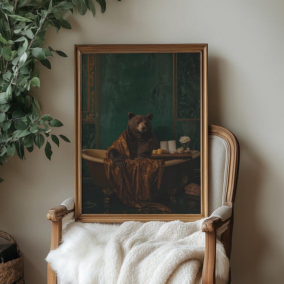 Regal Bear Bath Art Print Funny Bathroom Animal Decor Vintage Spa Humor Wall