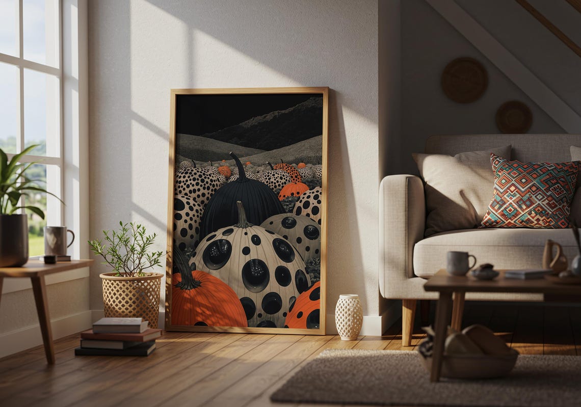 Polka Dot Pumpkins Field Moonlit Hills Spooky Fall Harvest Art Poster - Image 2