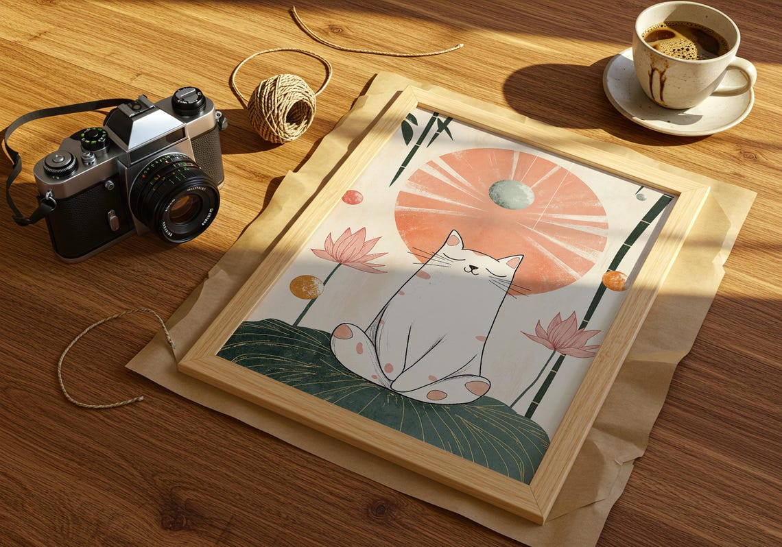 White Spotted Cat Meditating on a Lotus Leaf Under a Peach Sun Poster - Image 2