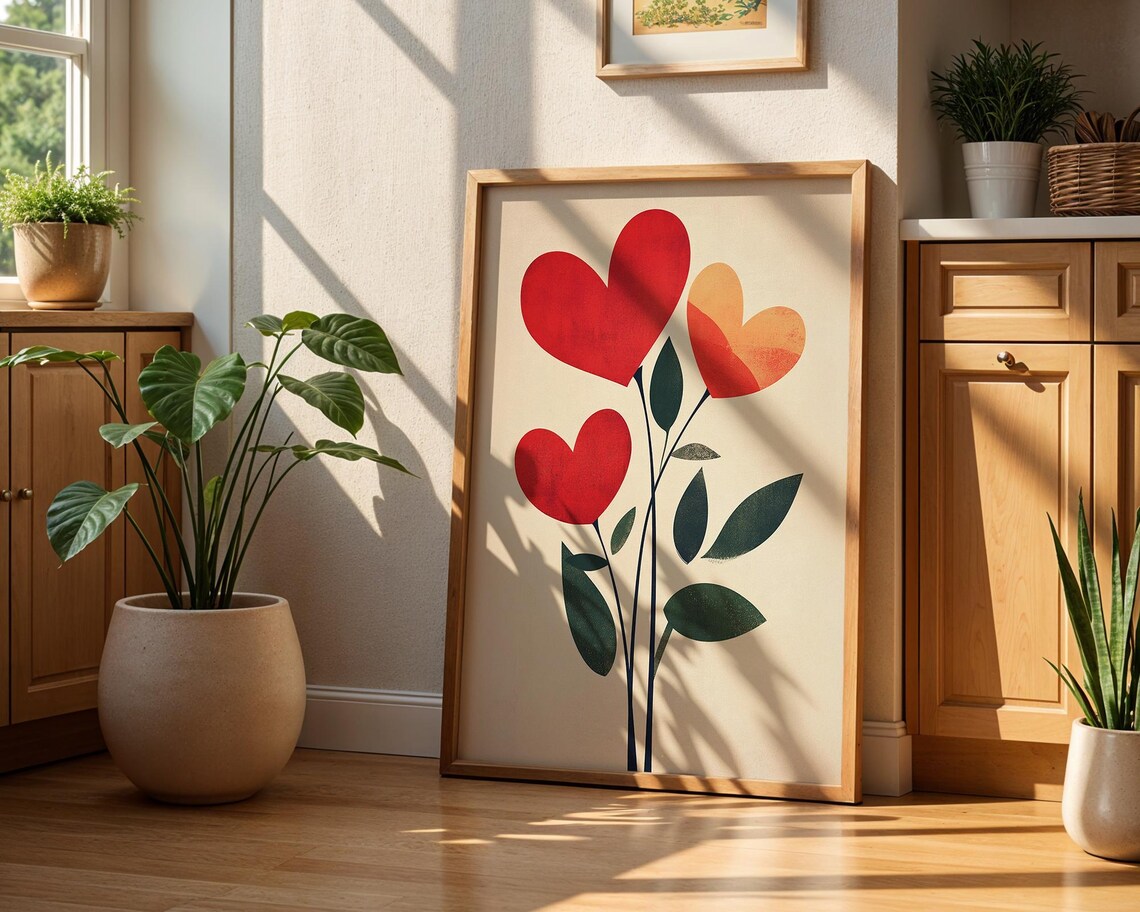 Red and Orange Heart Flower Blooms in a Modern Botanical Poster - Image 4