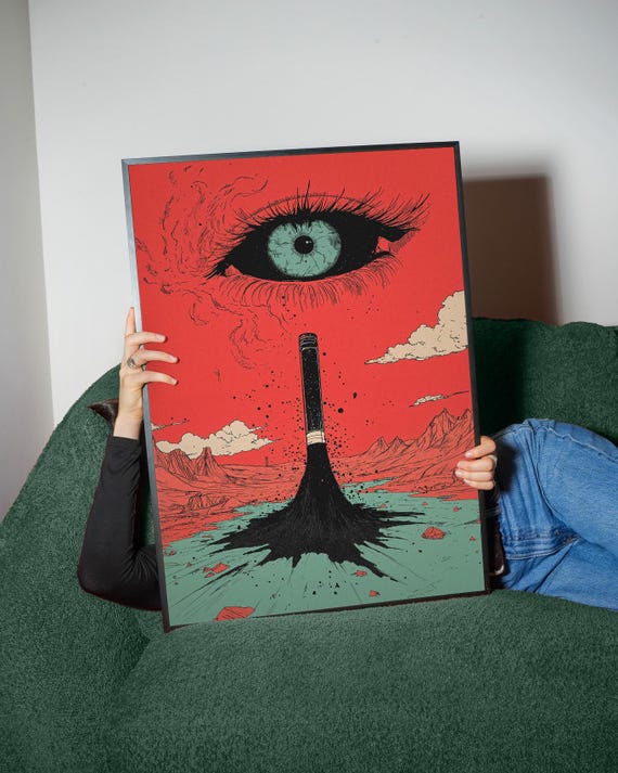 Surreal Eye Pencil Art Print Red Comic Book Scifi Poster Bold Graphic Ink Drawing