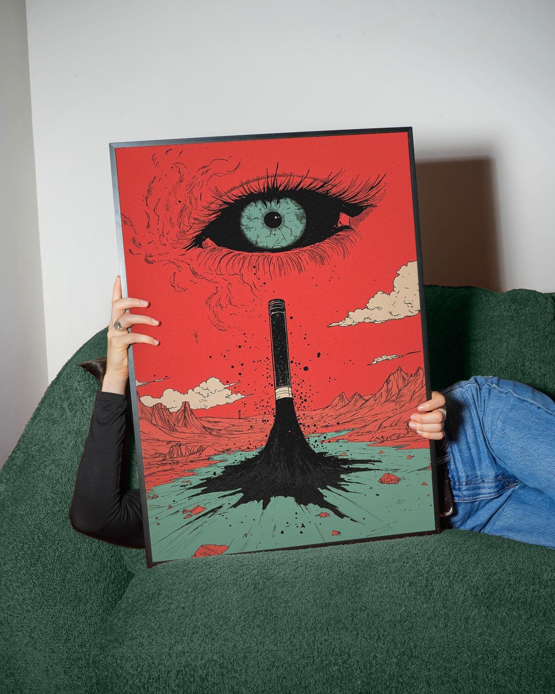 Surreal Red Comic Pop Giant Eye Ink Pen Desert Scene Art Poster