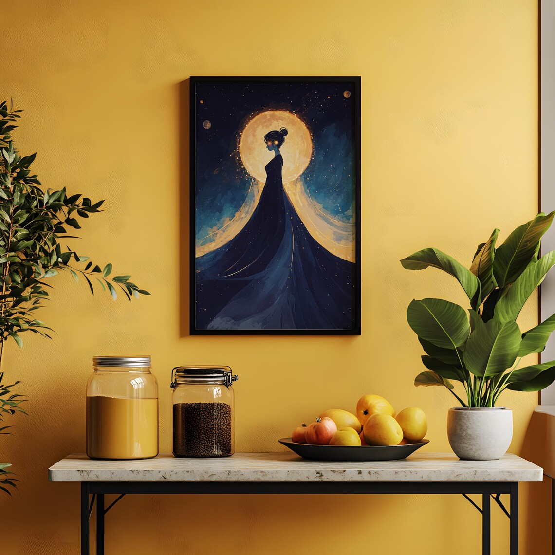 Woman Silhouette Golden Full Moon Flowing Starry Gown Dream Poster - Image 4