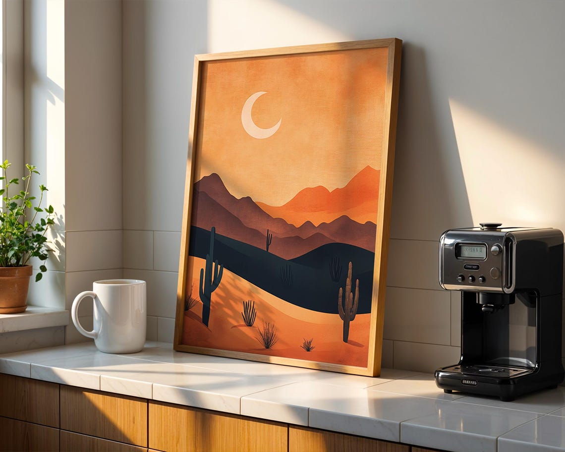 Crescent Moon Desert Cactus Boho Sunset Southwestern Art Poster - Image 2