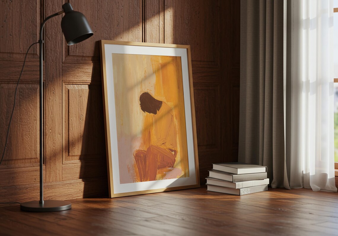 Reflective Man Warm Earthtone Abstract Emotional Portrait Painting Poster - Image 3