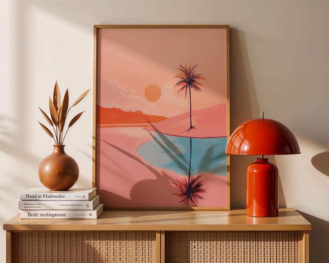 Retro Desert Palm Sunset Reflection Pastel Travel Wall Poster