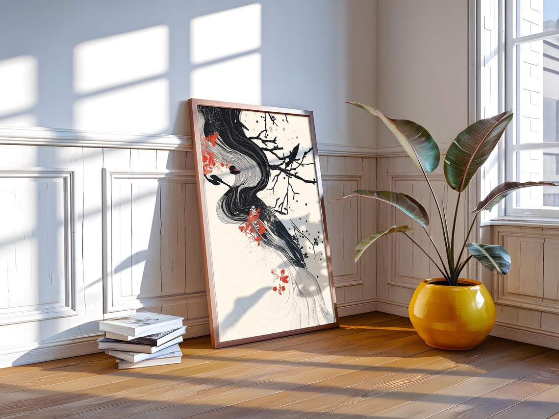 Japanese Ink Woman Profile Red Blossoms Flowing Hair Art Poster - Image 4