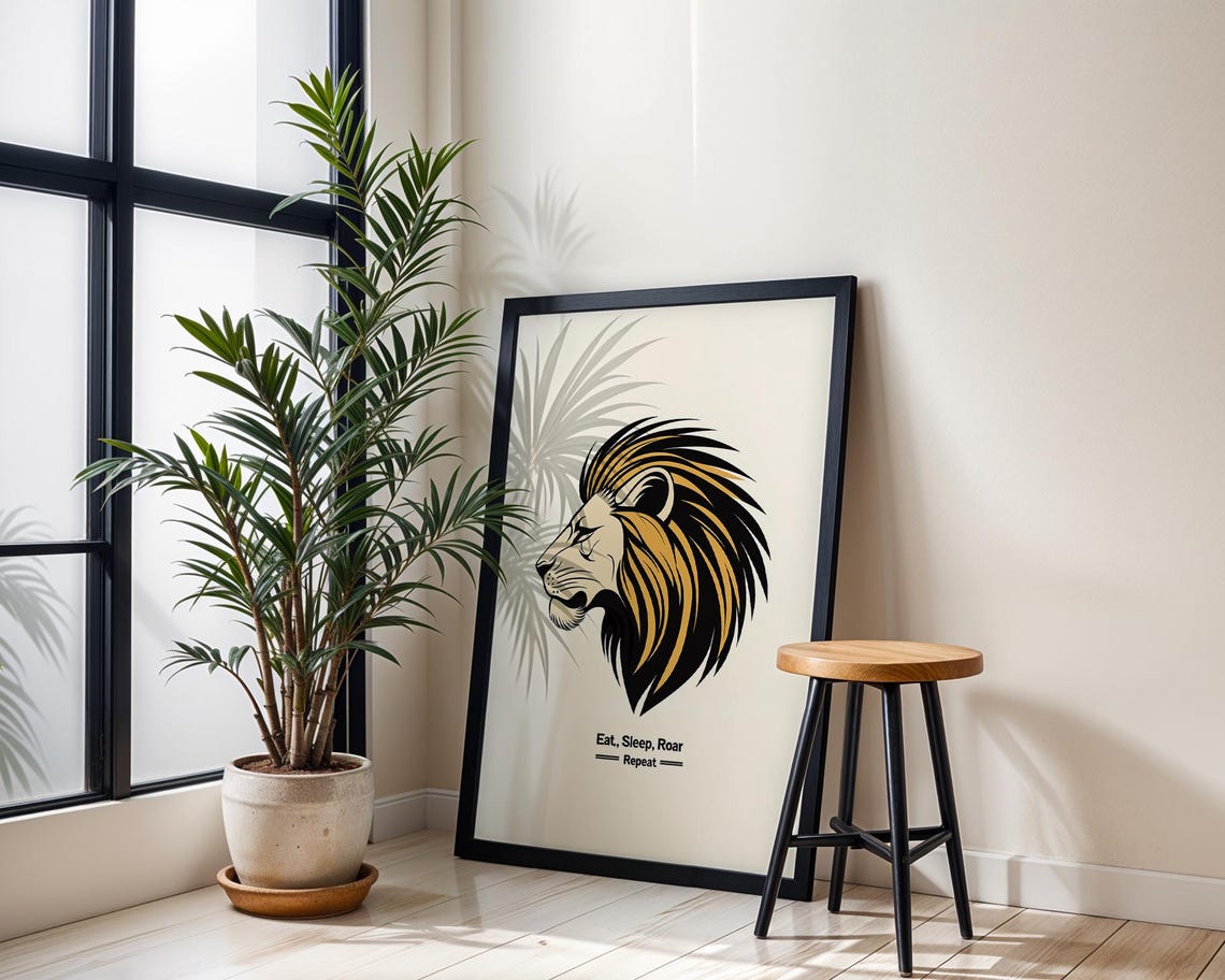 Lion Art Print Eat Sleep Roar Repeat Poster Motivational Animal Wall Modern Black Gold Decor - Image 3