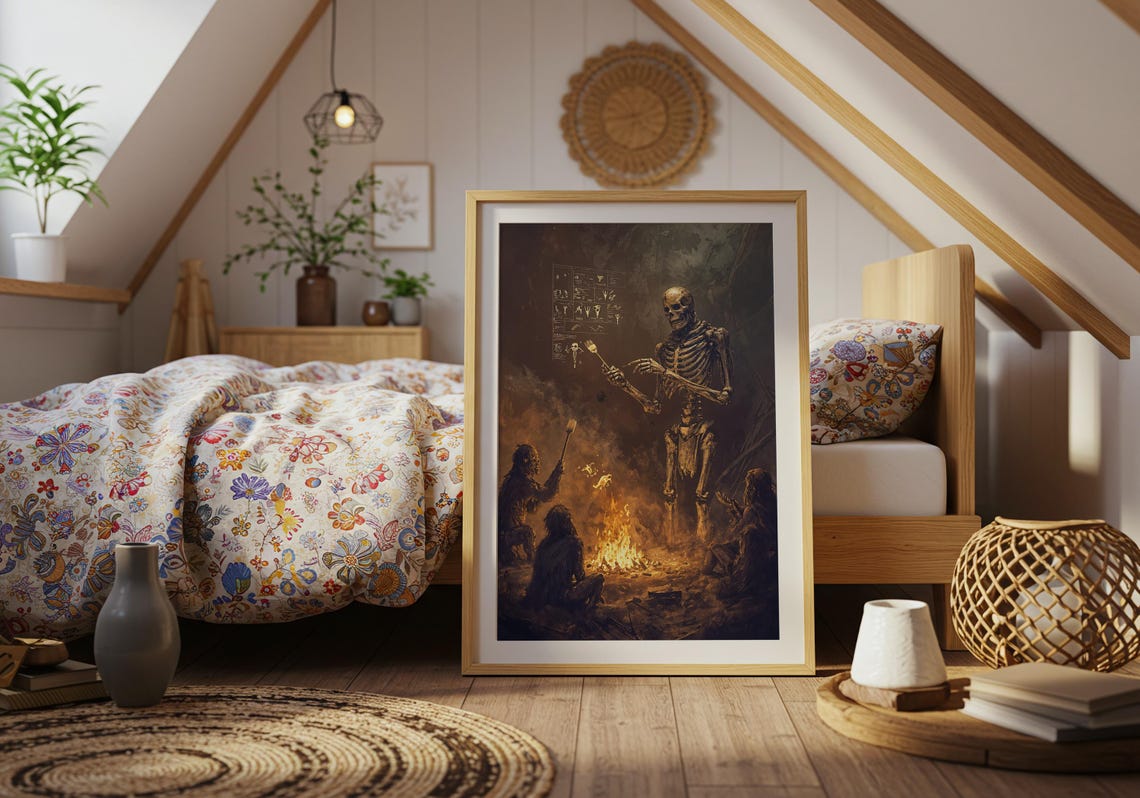 Skeleton Teaching Cavemen Art Print Funny Evolution Wall Surreal Campfire Poster - Image 5