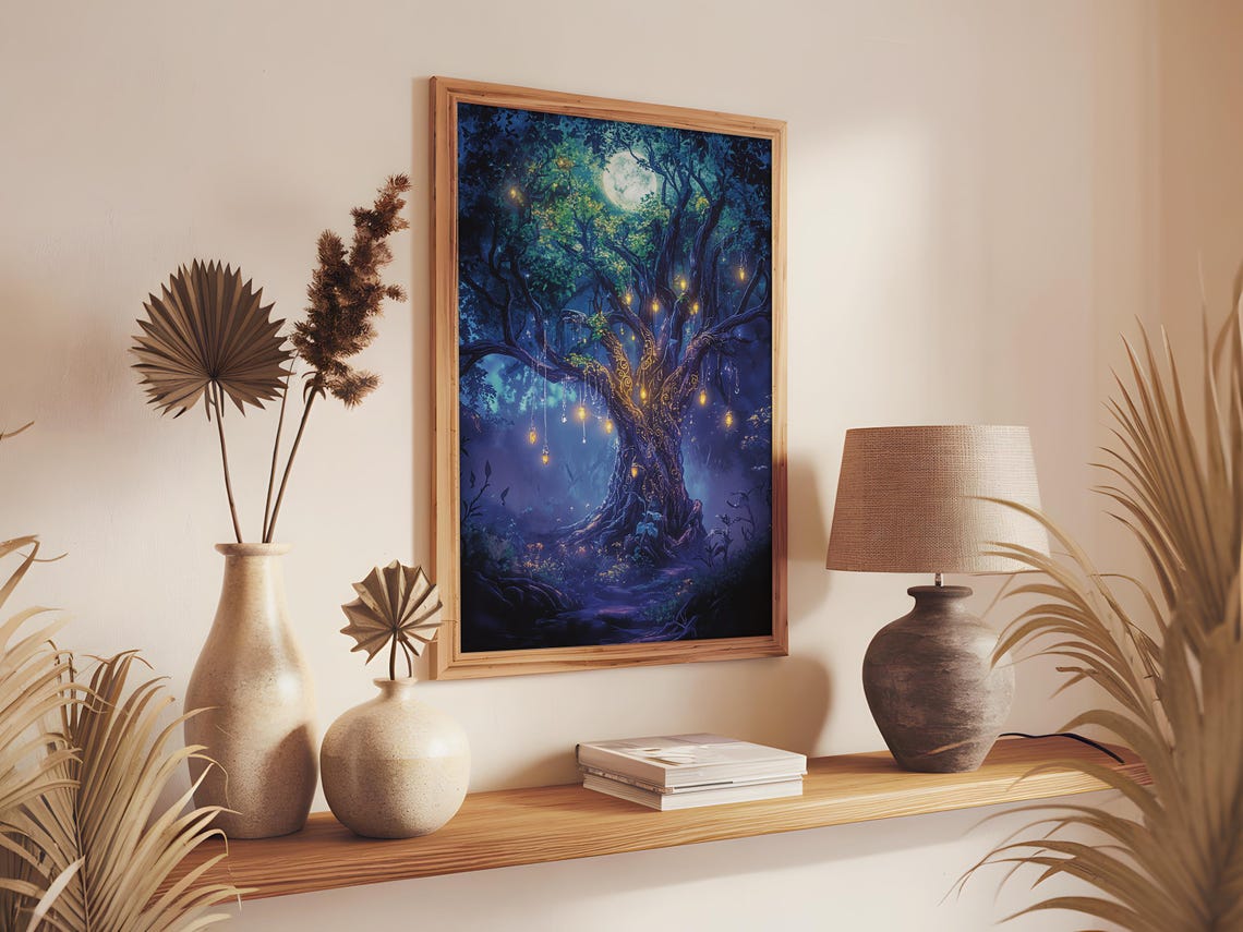 Enchanted Moonlit Ancient Tree with Glowing Lanterns Fantasy Poster - Image 3