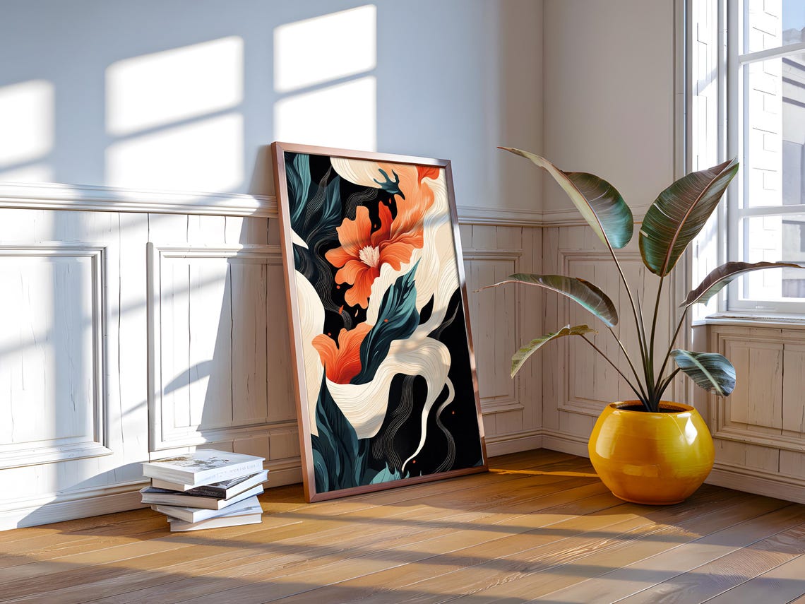 Orange Blossom Flowing Petals Dark Botanical Modern Floral Art Poster - Image 3