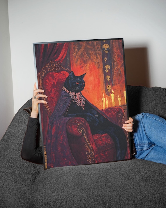 Regal Black Cat on Red Velvet Throne Dark Baroque Royal Pet Portrait Wall Art