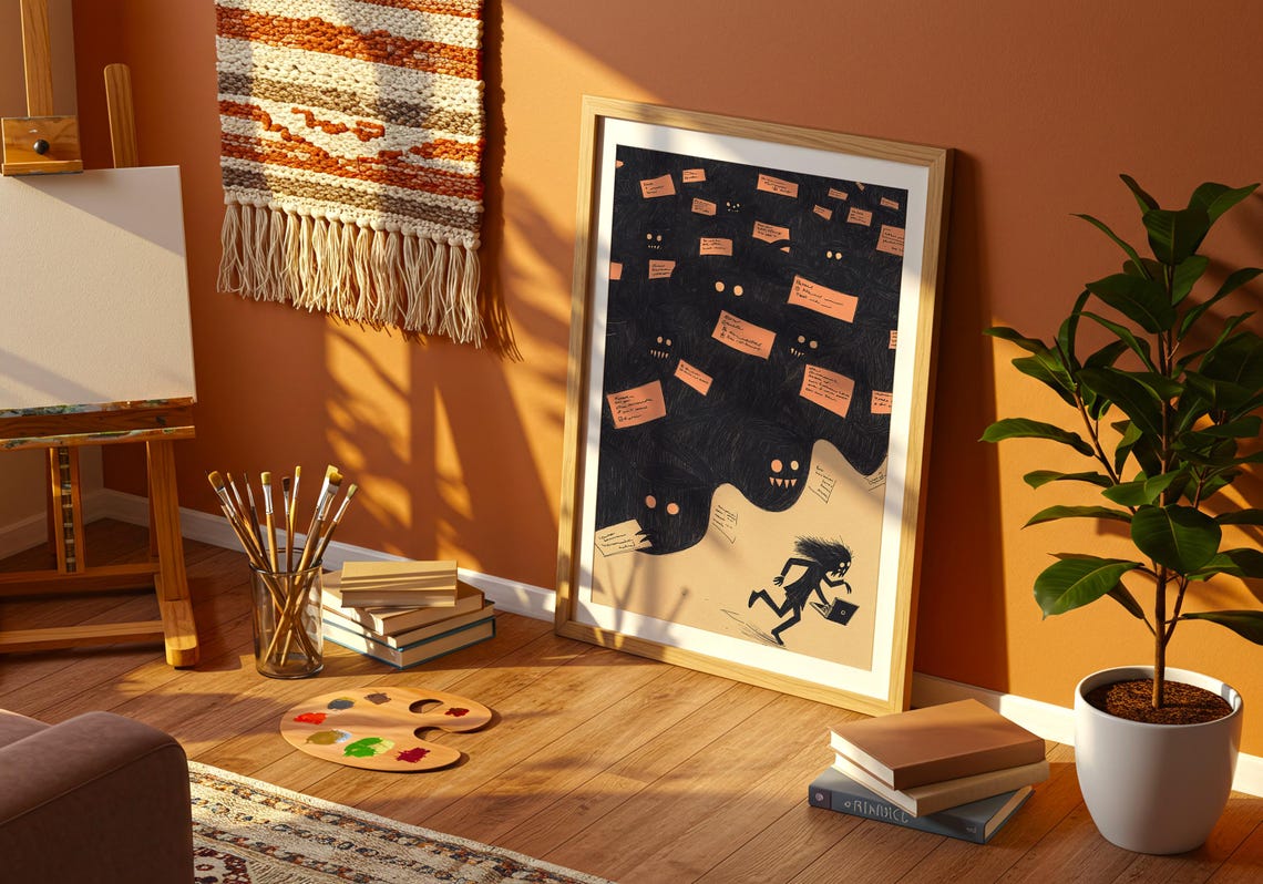Overwhelmed Work Anxiety Monster Swarm Funny Laptop Runner Art Poster - Image 4