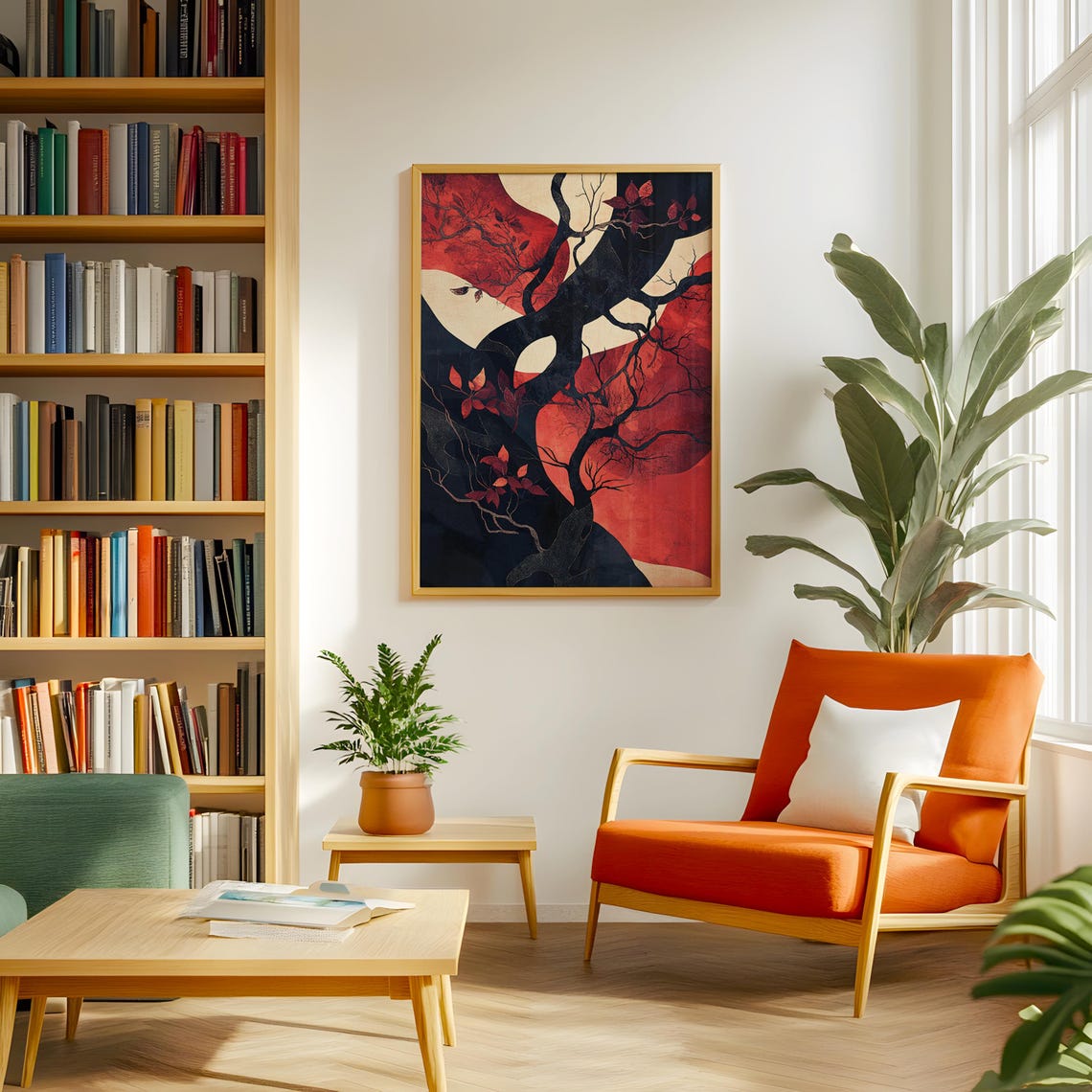 Red Moon Dark Tree Abstract Art Print Crimson Botanical Painting - Image 4