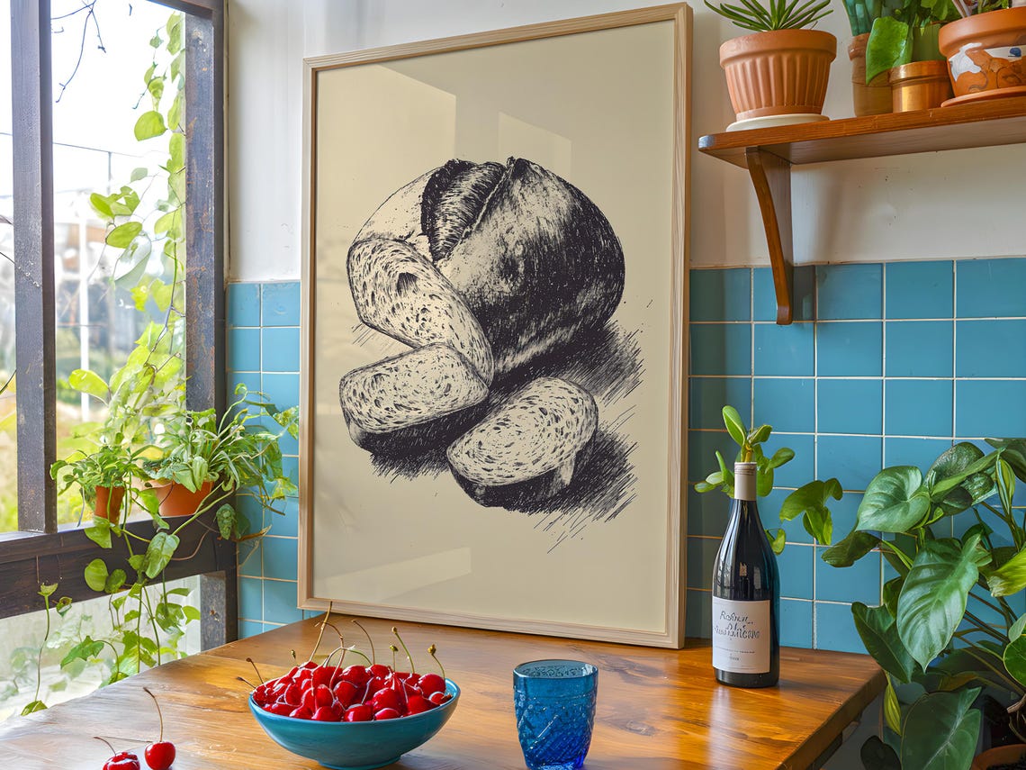 Vintage Bread Loaf Pencil Sketch Rustic Farmhouse Kitchen Art Poster - Image 4