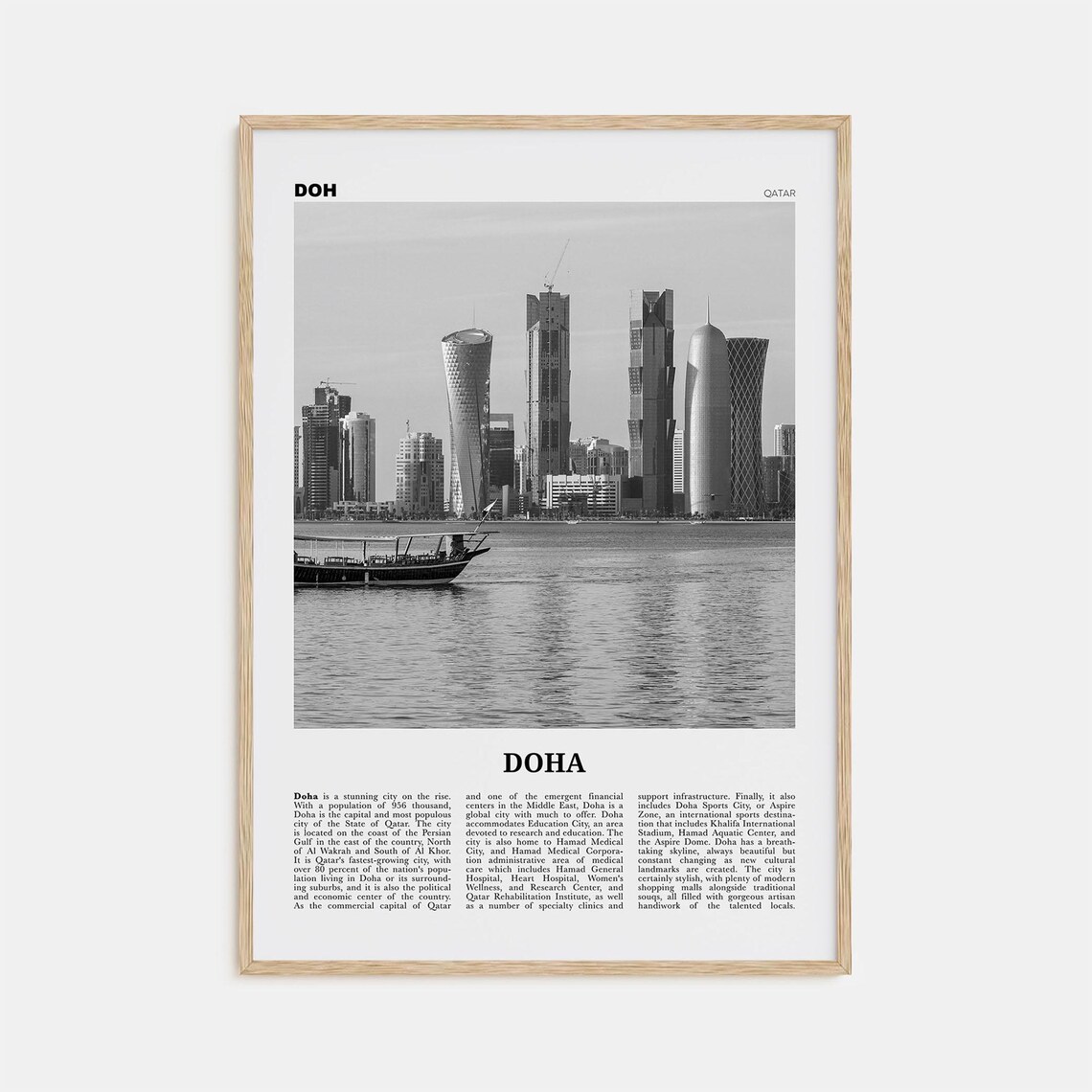 Doha Black and White Travel Poster, Qatar Wall Decor