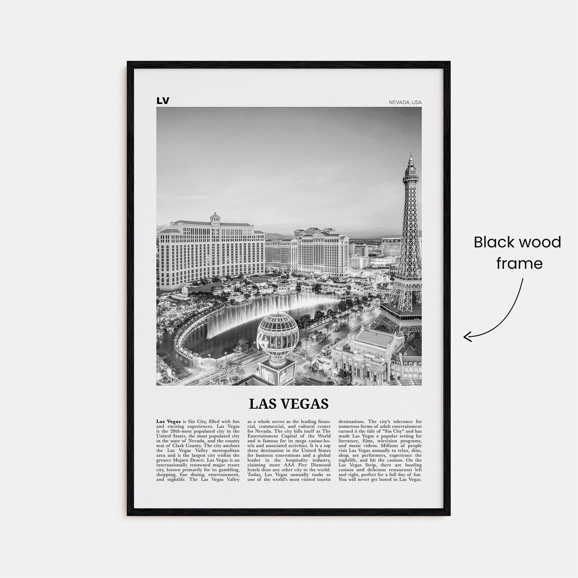 Las Vegas Black and White Travel Poster, Bellagio - Image 3