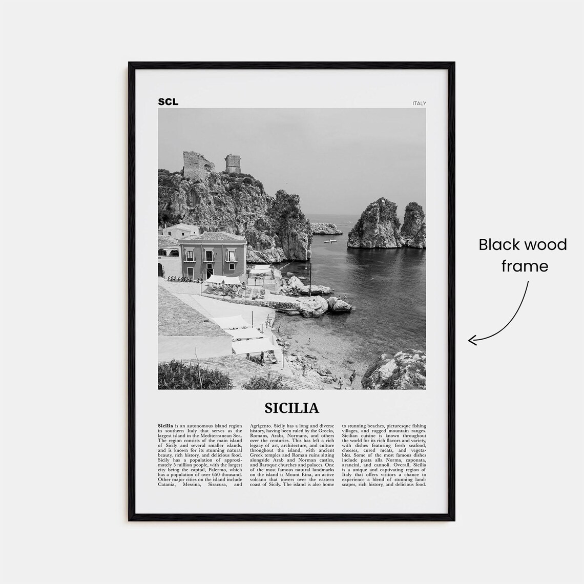 Sicilia Black And White Italy Map Poster Print - Image 3