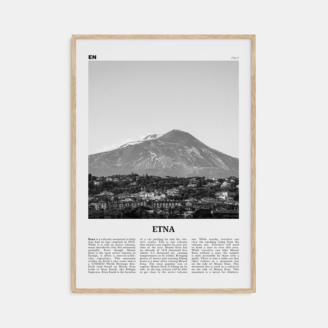 Etna Black and White Travel Poster, Italy Map