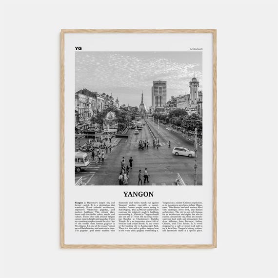 Yangon Black And White Travel Poster, Myanmar Map