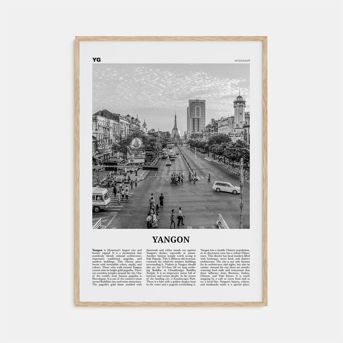 Yangon Black And White Travel Poster, Myanmar Map