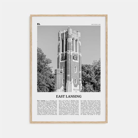 East Lansing Black and White Travel Poster, Michigan
