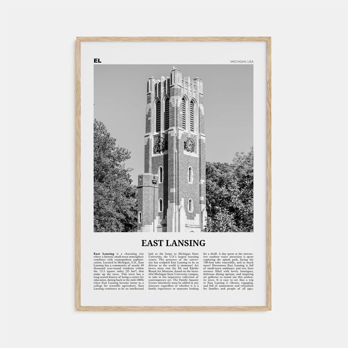 East Lansing Black and White Travel Poster, Michigan