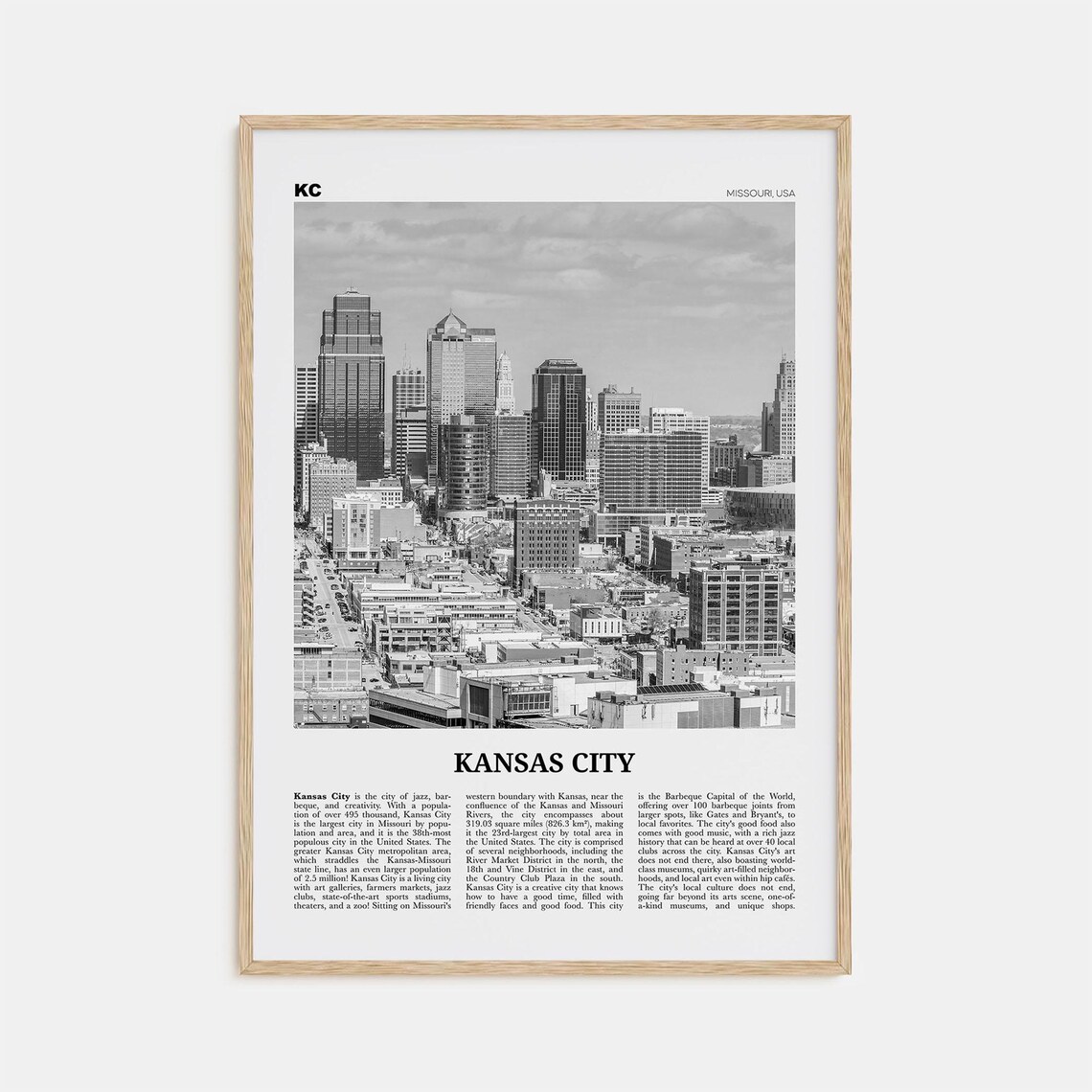 Kansas City Black And White Travel Poster Print