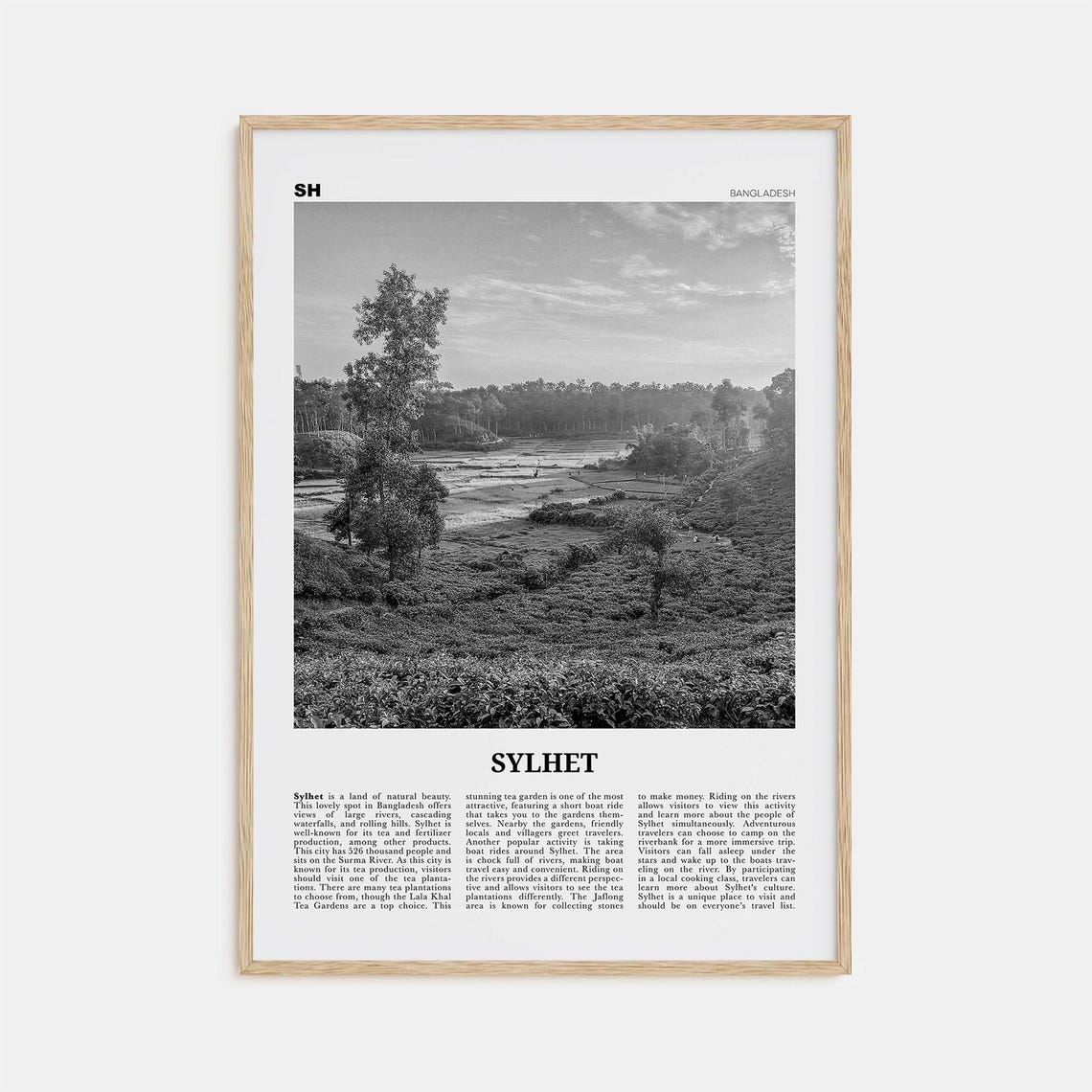 Sylhet Black and White Travel Map Poster Print, Bangladesh