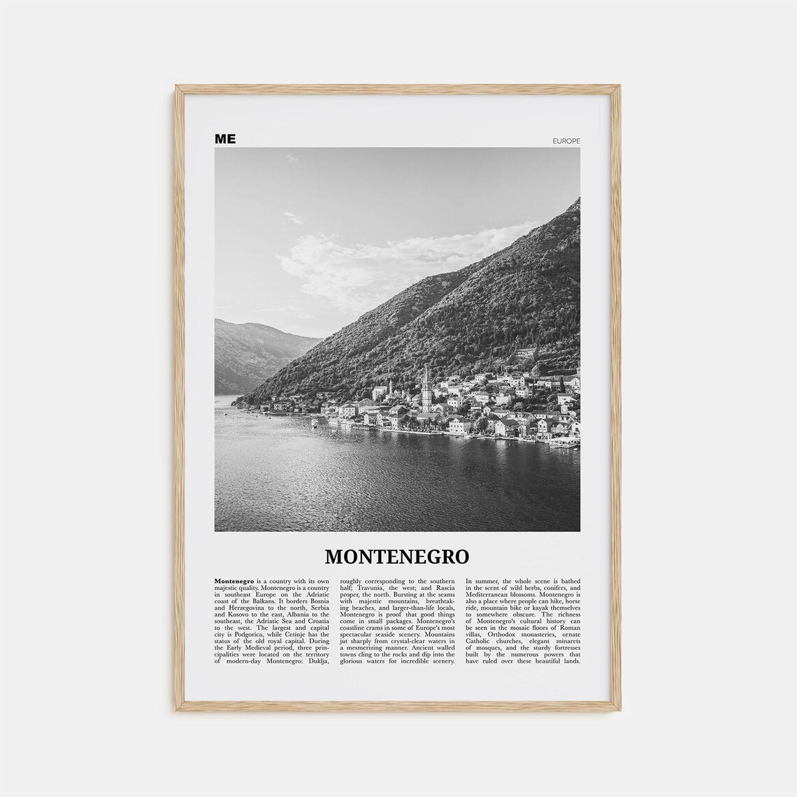 Montenegro Black and White Travel Poster, Europe