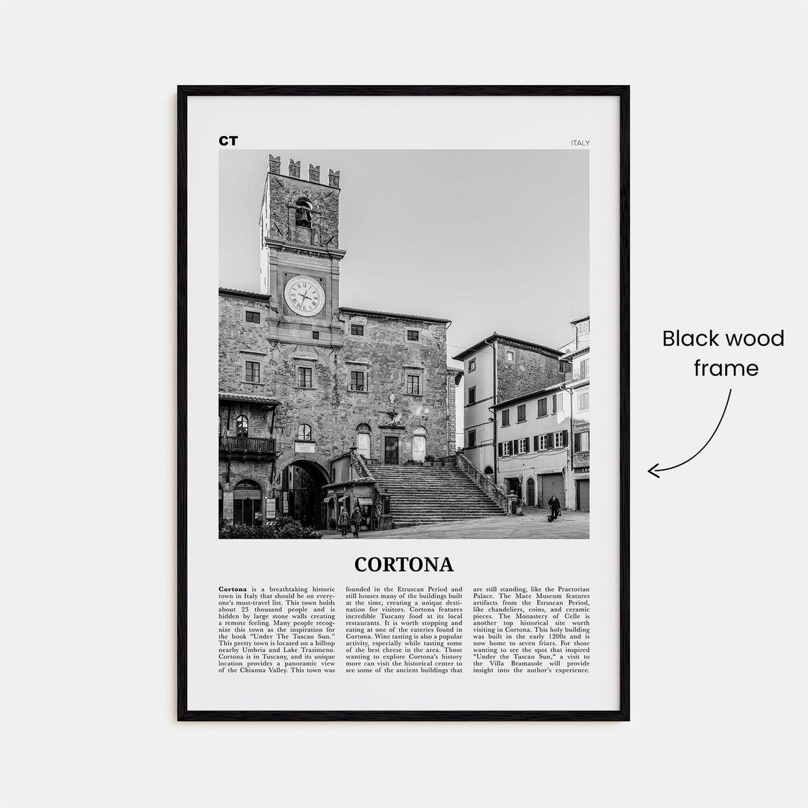 Cortona Black and White Travel Poster, Italy Map - Image 3