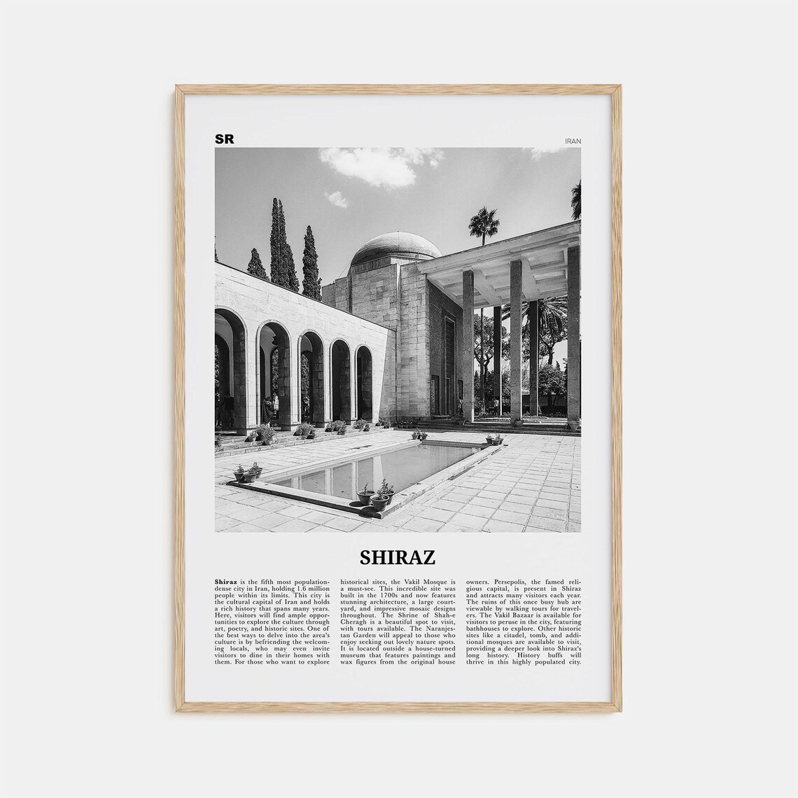Shiraz Black And White Map Poster, Iran Travel