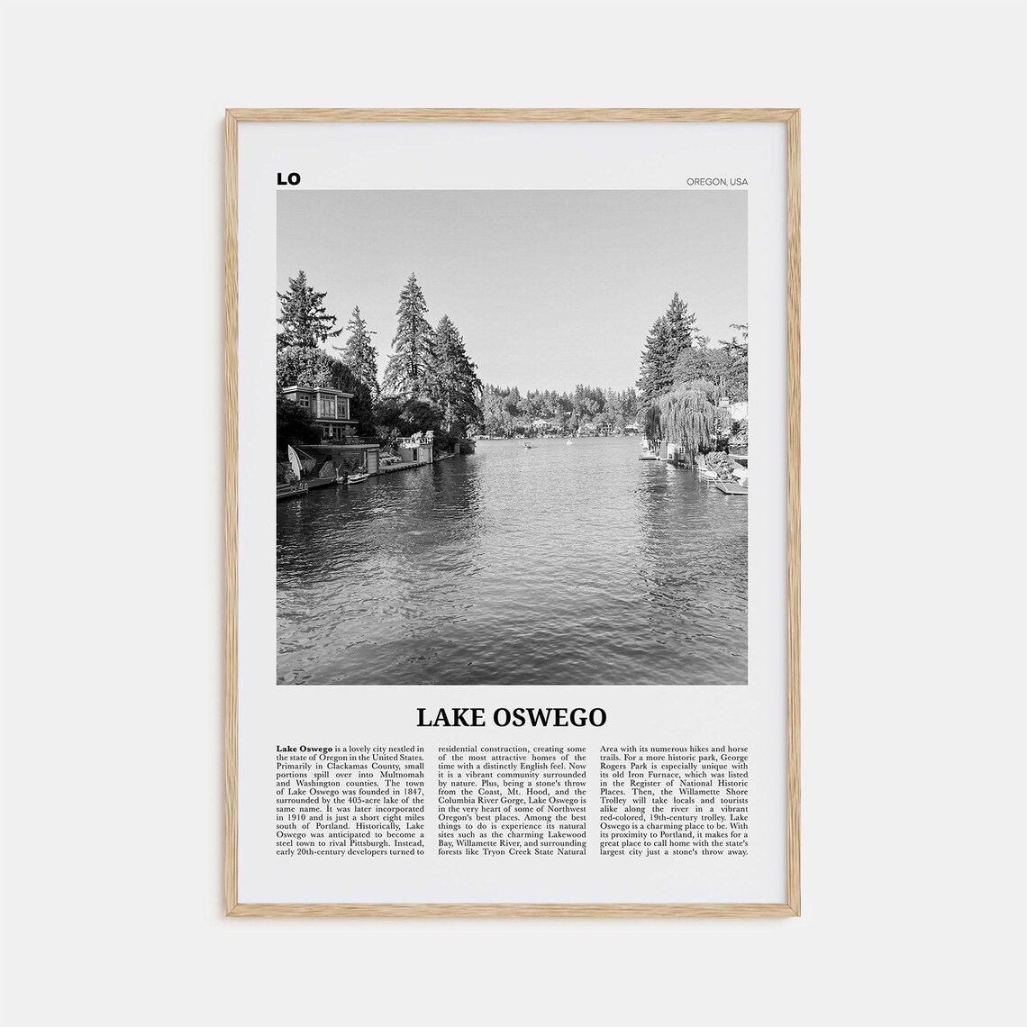 Lake Oswego Black and White Travel Poster, Oregon