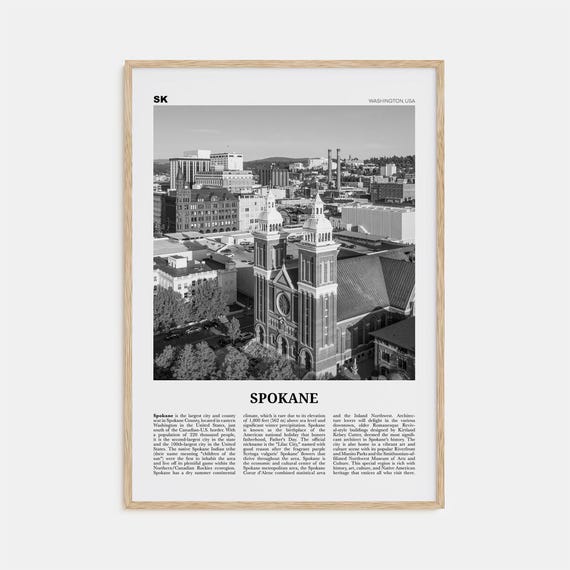 Spokane Black and White Travel Poster, Washington USA