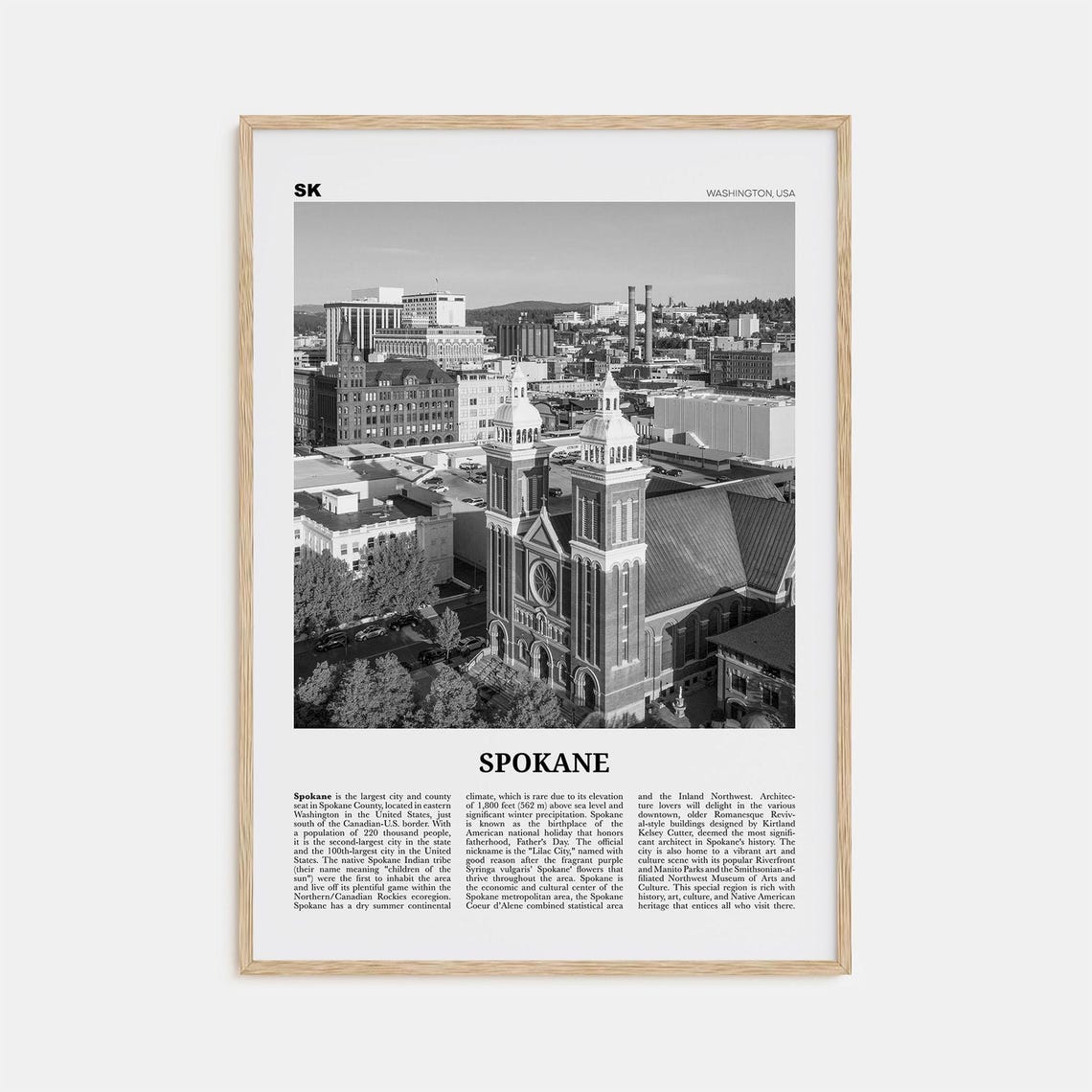 Spokane Black and White Travel Poster, Washington USA