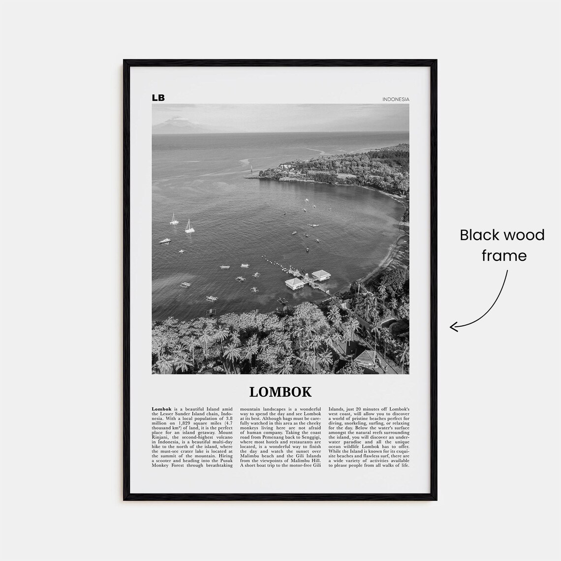 Lombok Black and White Map Art Print, Indonesia - Image 3