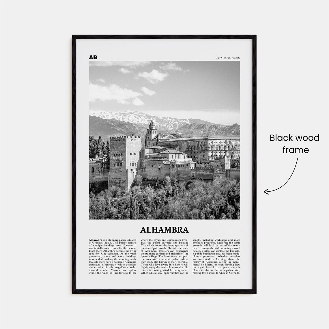 Alhambra Black and White Travel Poster, Granada Spain - Image 3