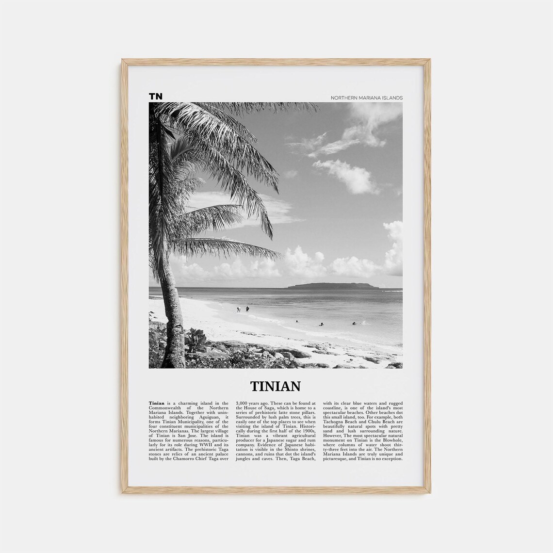 Tinian Map, Black And White Poster, Northern Mariana Islands