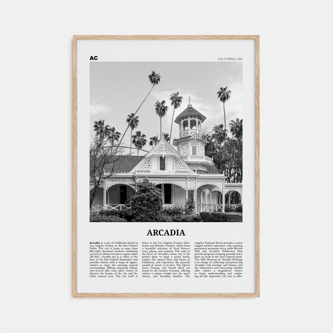 Arcadia California Travel Poster, Black and White