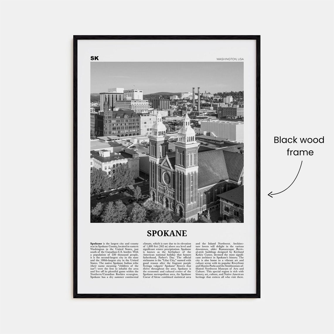 Spokane Black and White Travel Poster, Washington USA - Image 3