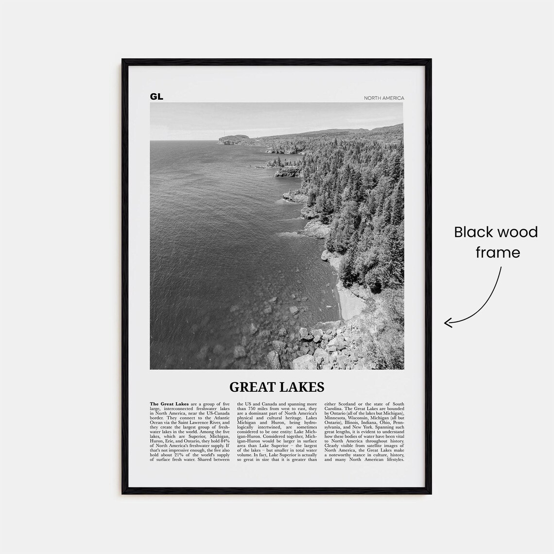 Great Lakes Black and White Travel Poster, Map - Image 3