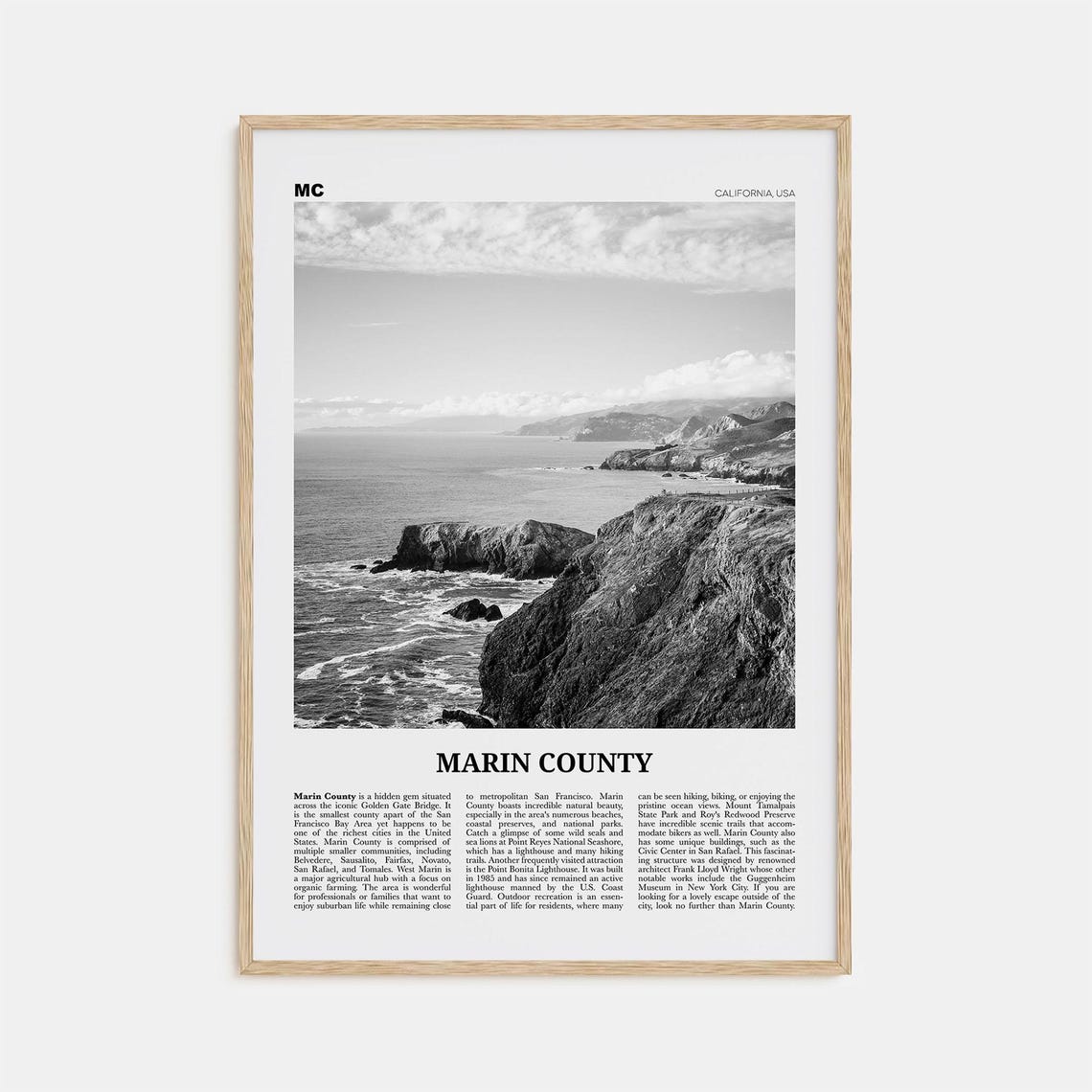 Marin County Black and White Travel Poster, California