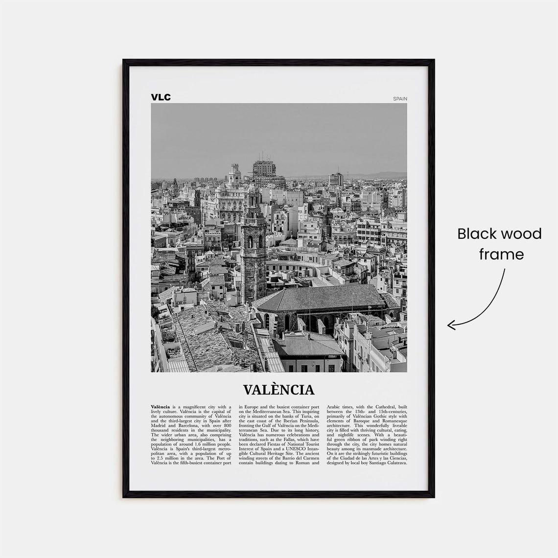 Valencia Black And White Travel Poster Art Print - Image 3