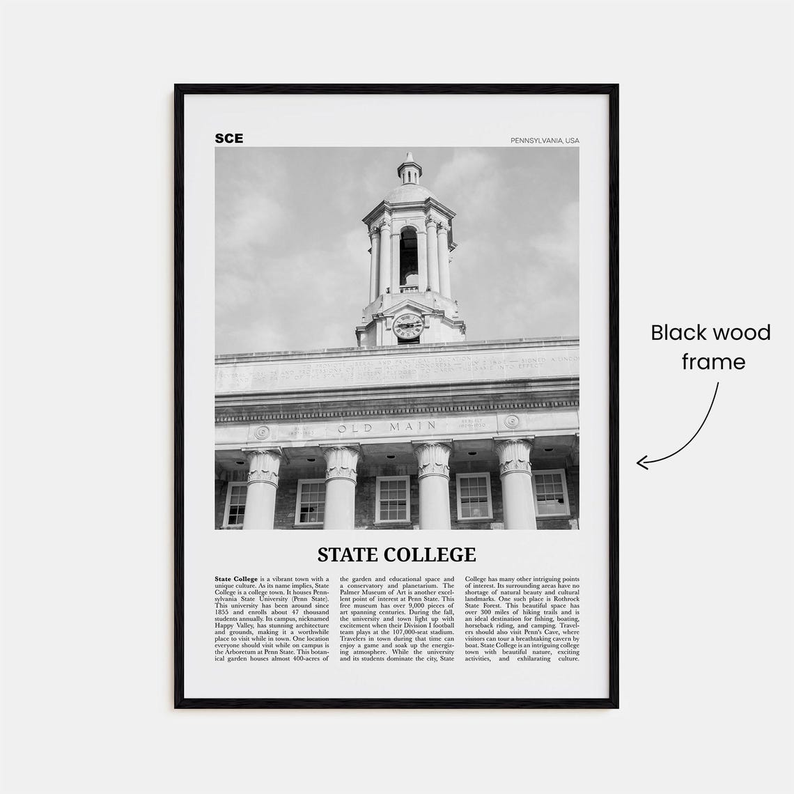 State College Black and White Travel Poster, Pennsylvania - Image 3