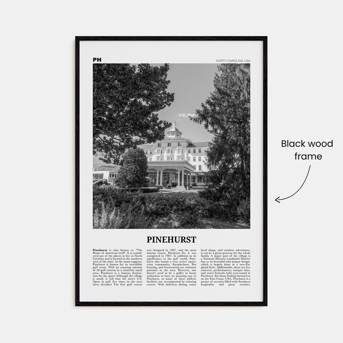 Pinehurst North Carolina Black and White Travel Poster - Image 3