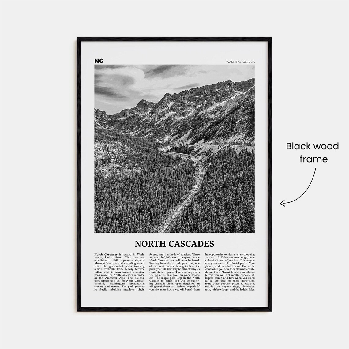 North Cascades National Park, Black and White Travel Poster - Image 3