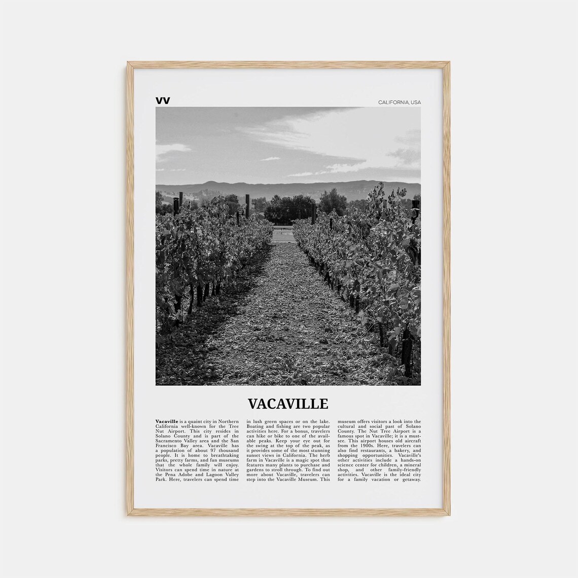 Vacaville Black and White Map Art Print, California