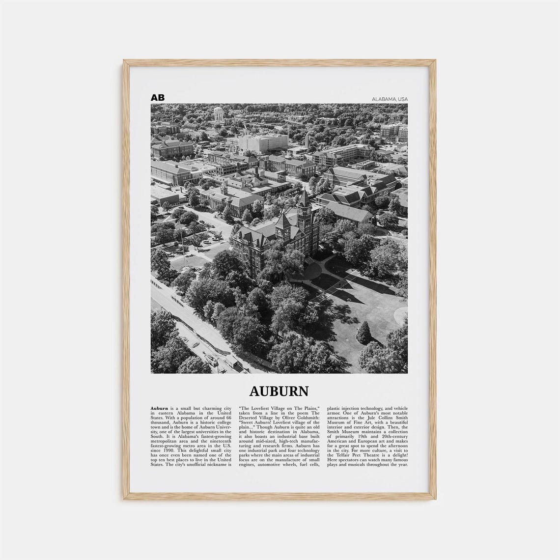 Auburn, Alabama Black and White Travel Poster